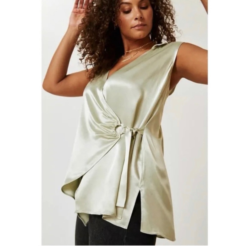Anthropologie Wrap Vest Tie Front Mint Green Satin Finish